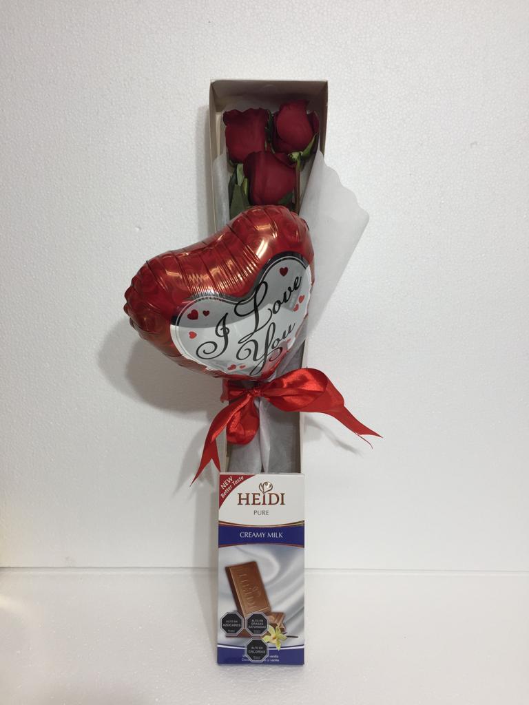 Caja con 3 Rosas m�s Tableta de Chocolate de 80 Grs y Globito